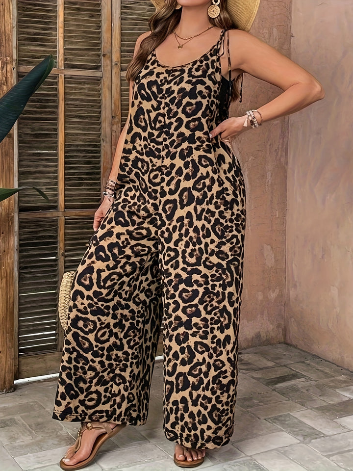 Chic Leopard Print Wide-Leg Jumpsuit with Pockets