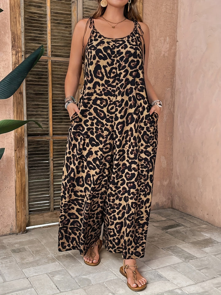 Chic Leopard Print Wide-Leg Jumpsuit with Pockets
