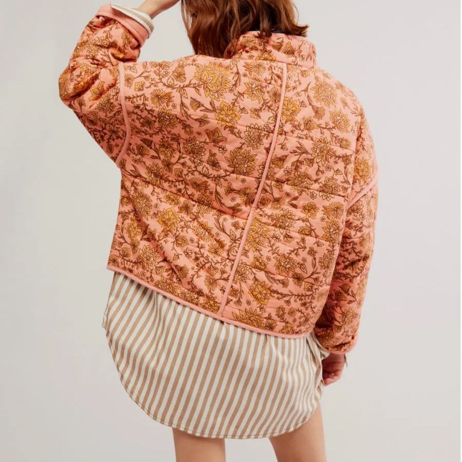 Jacket with patchwork and floral print and standing collar