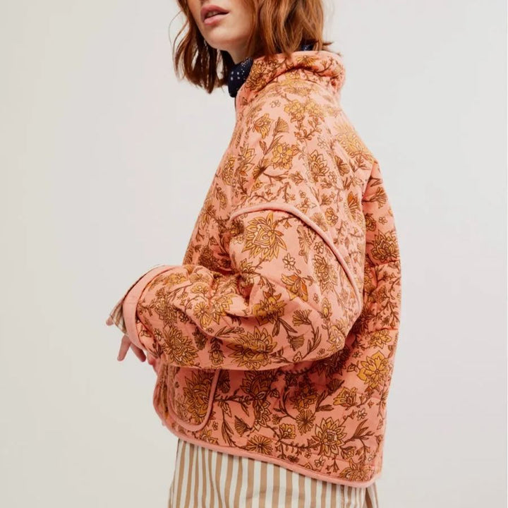 Jacket with patchwork and floral print and standing collar