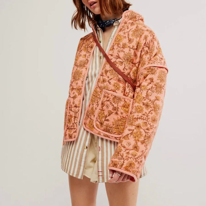 Jacket with patchwork and floral print and standing collar