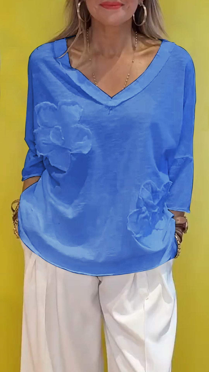 Women V-neck Mid-sleeve Embroidered Casual Top