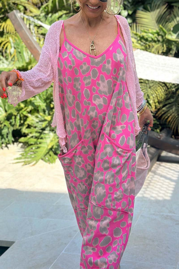 Women's casual suspender leopard print jumpsuit