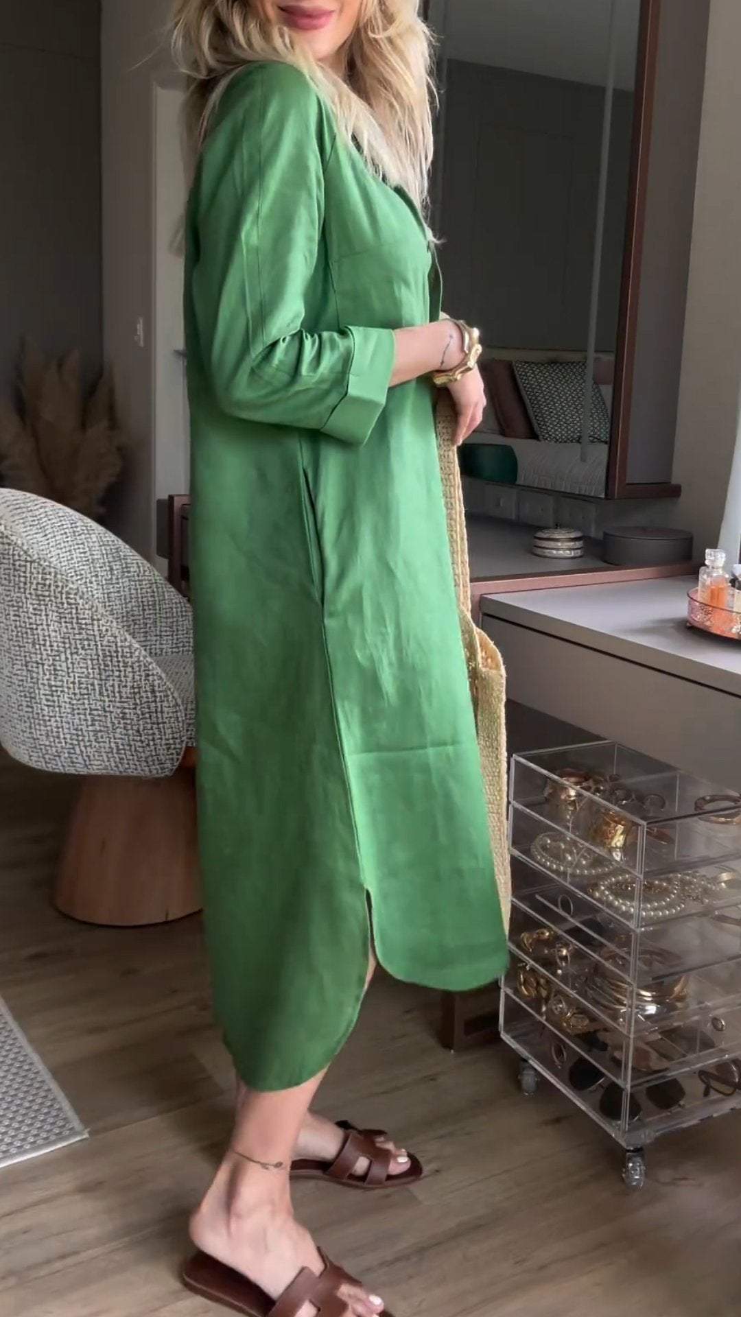 Cotton and Linen Lapel Mid-sleeve Dress