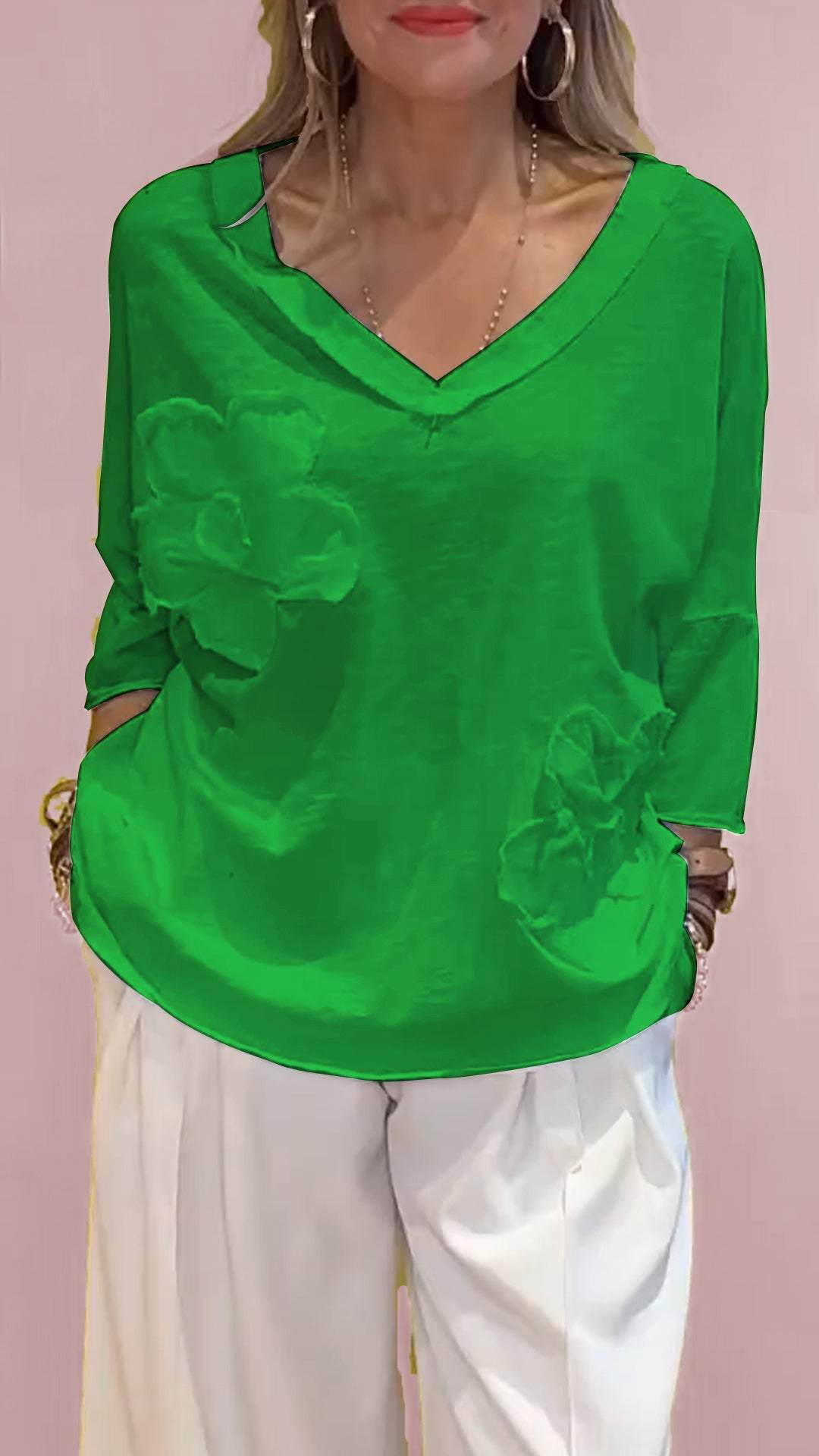 Women V-neck Mid-sleeve Embroidered Casual Top