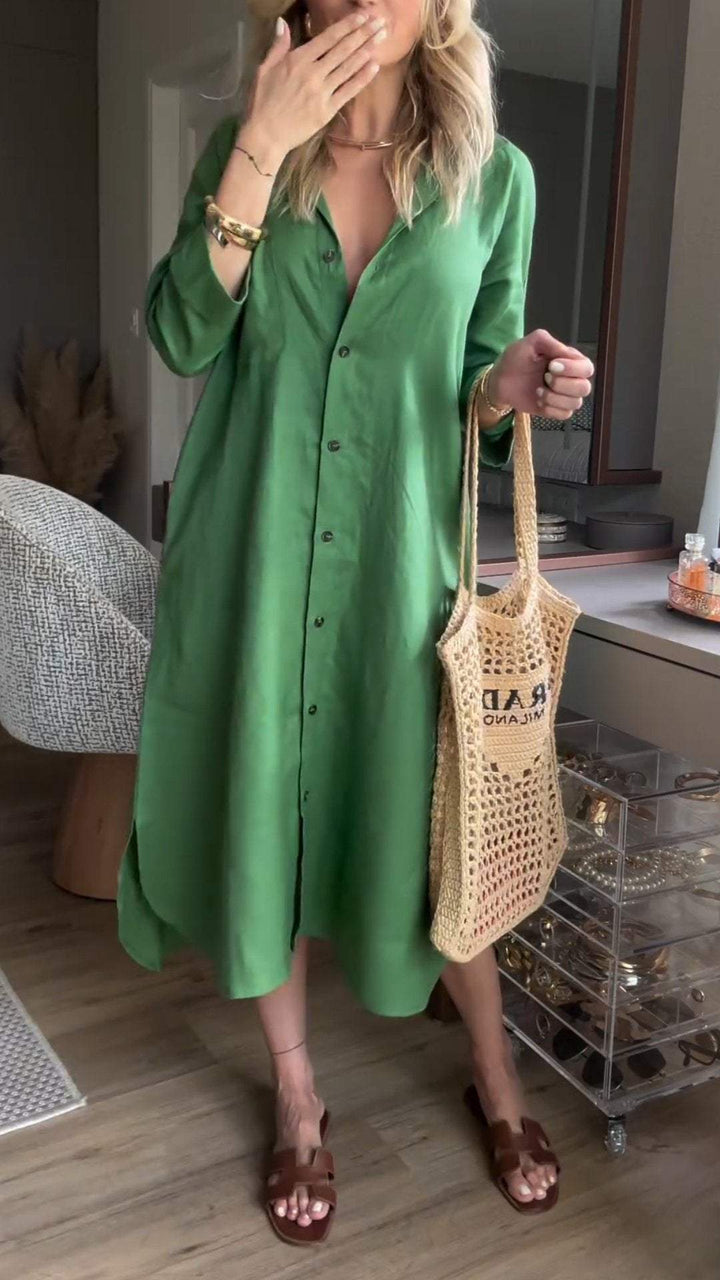 Cotton and Linen Lapel Mid-sleeve Dress