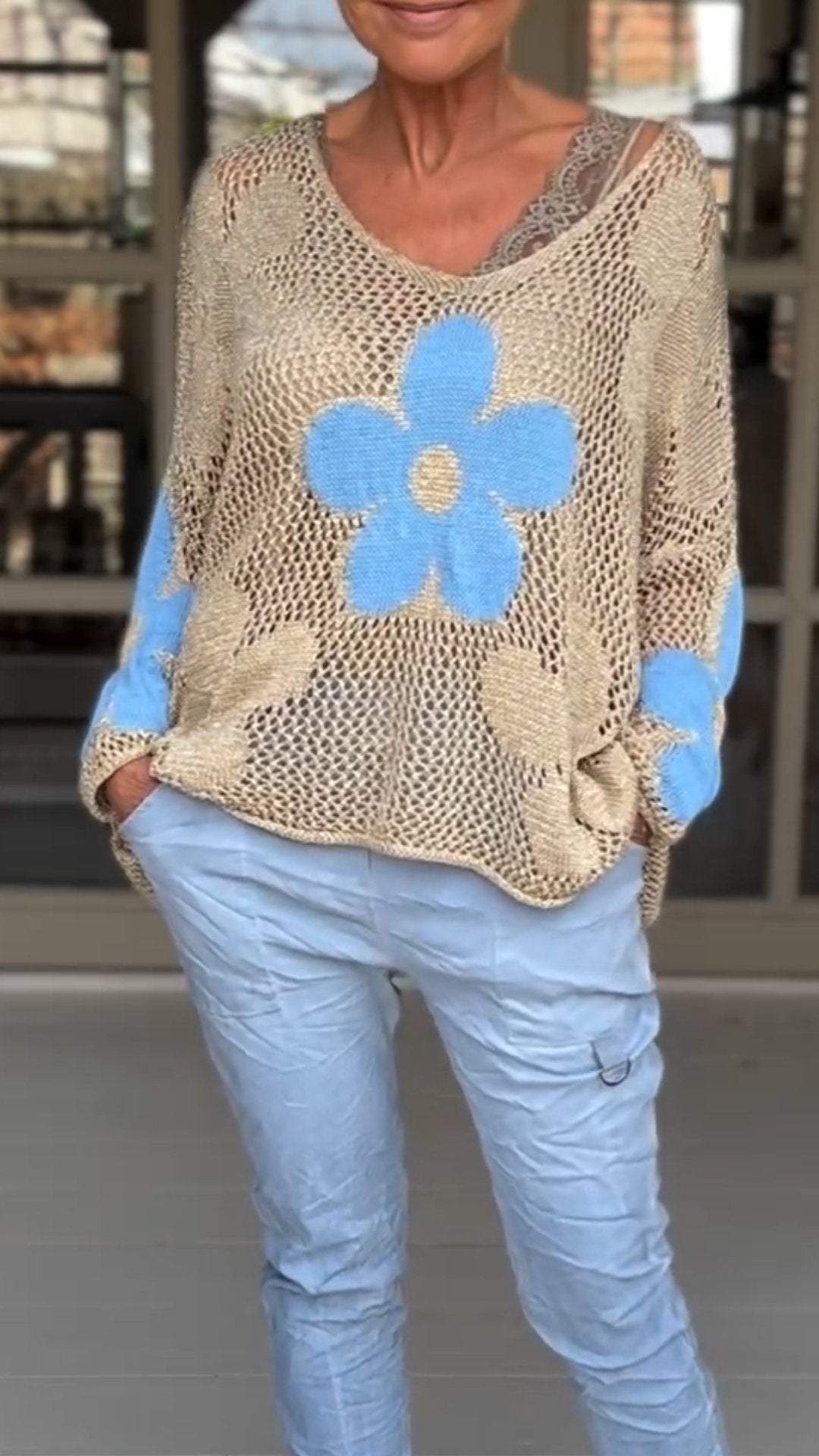 Floral Pattern Knitted Cutout V-neck Blouse