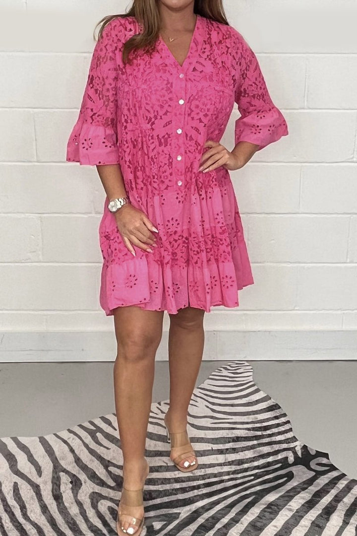 Lace Flare Button Dress