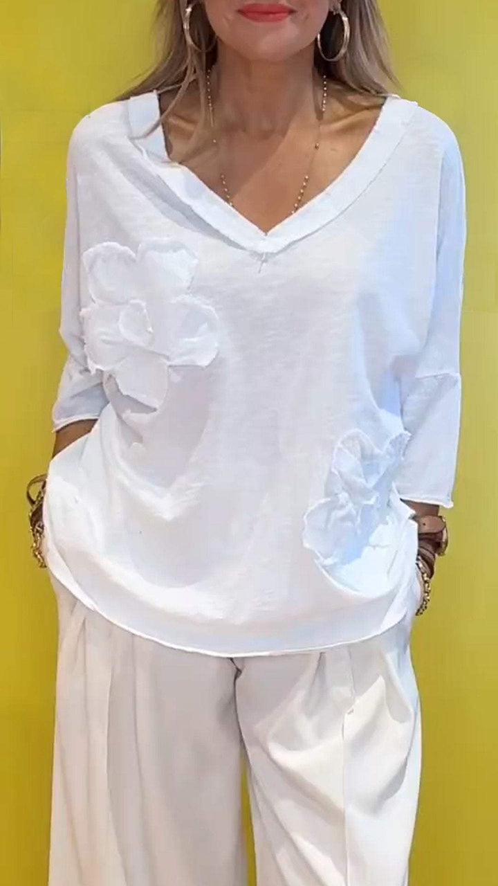 Women V-neck Mid-sleeve Embroidered Casual Top