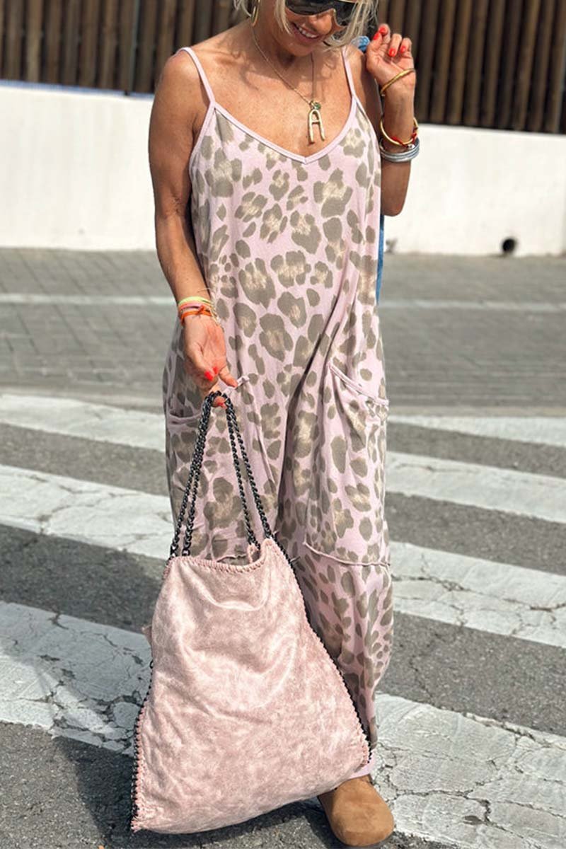 Women's casual suspender leopard print jumpsuit