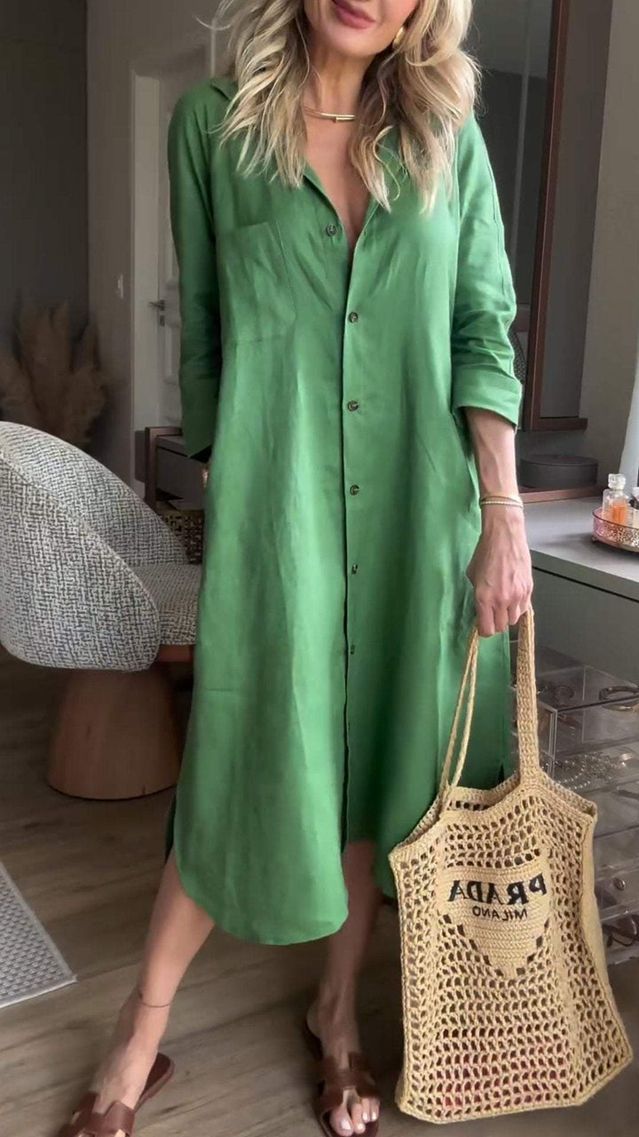 Cotton and Linen Lapel Mid-sleeve Dress