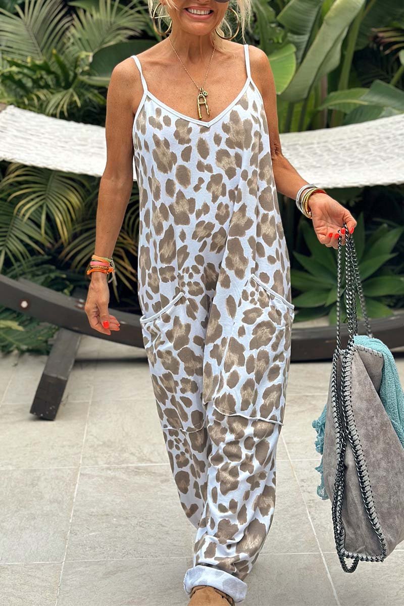 Women's casual suspender leopard print jumpsuit