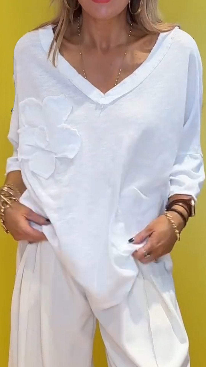 Women V-neck Mid-sleeve Embroidered Casual Top