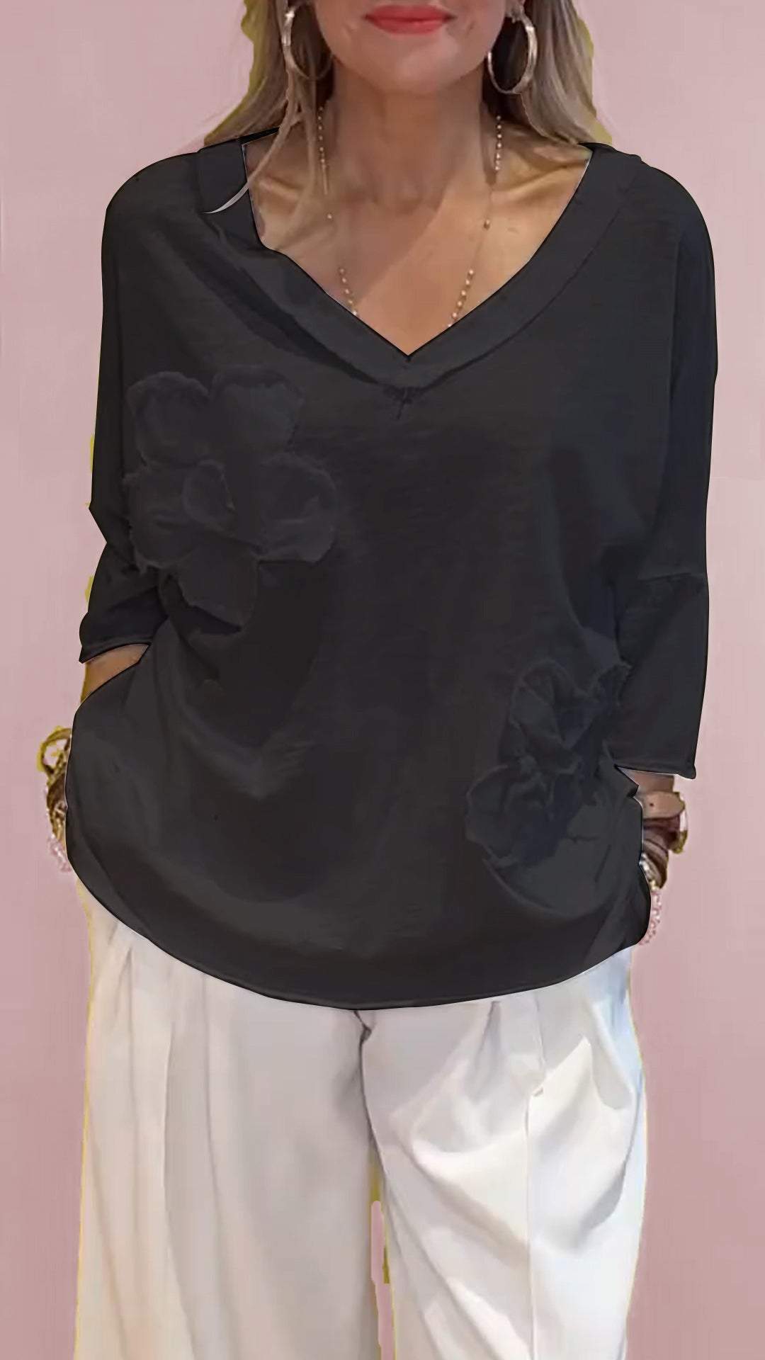 Women V-neck Mid-sleeve Embroidered Casual Top